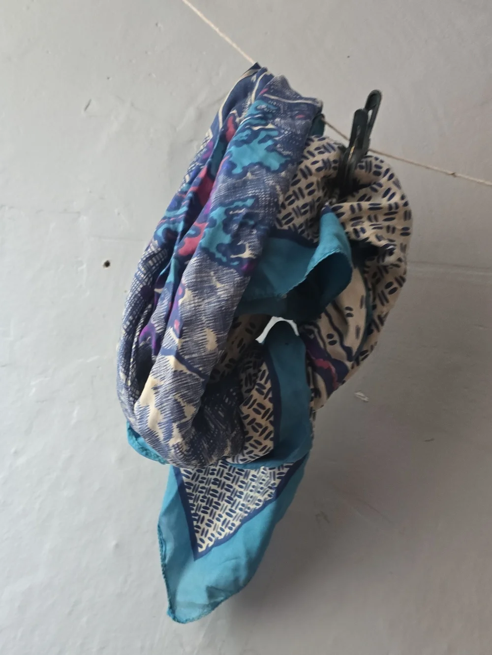 Vintage 60s 70s  Large Silk Scarf *Damaged - Abstract Design Blue Purple White